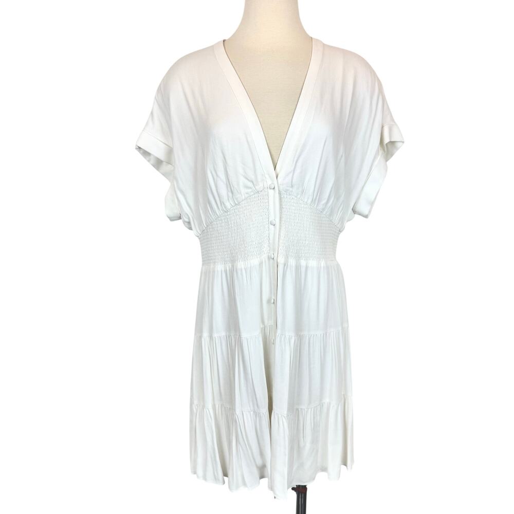 Alice + Olivia Keela Smocked Waist Mini Dress in Off White 14 NWT